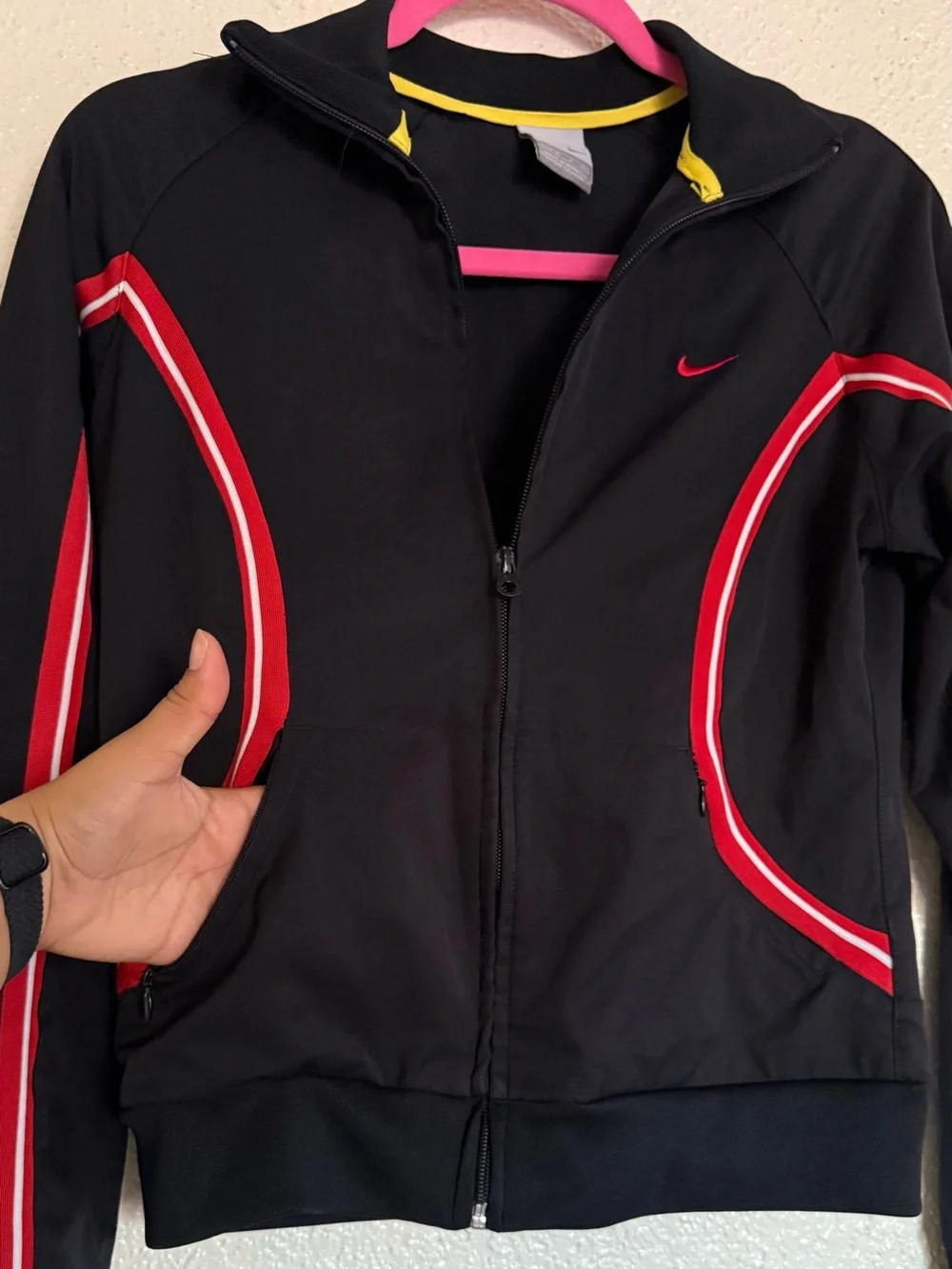 Vintage Y2K Nike full zip Black Track Jacket with red Stripe Accents size S